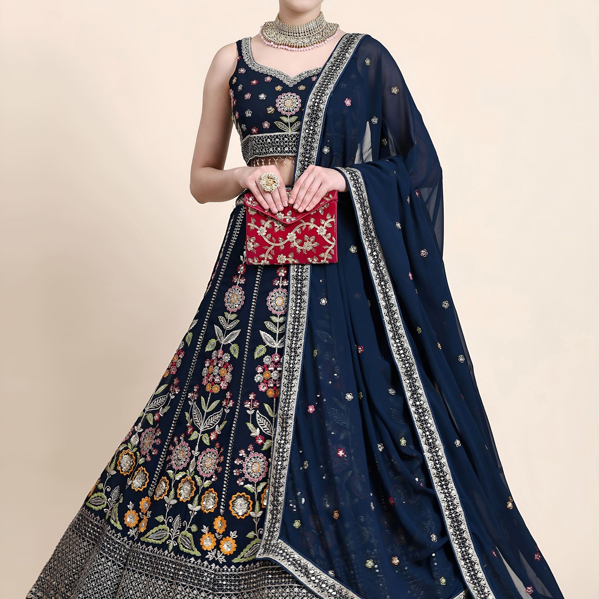 Gleaming Navy Blue Floral Embroidery Georgette Reception Wear Lehenga Choli
