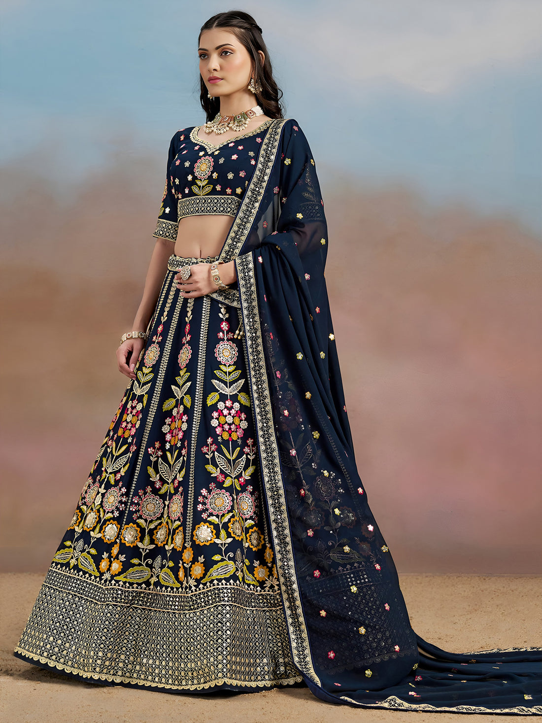 Captivating Navy Blue Dori Work Georgette Wedding Lehenga Choli