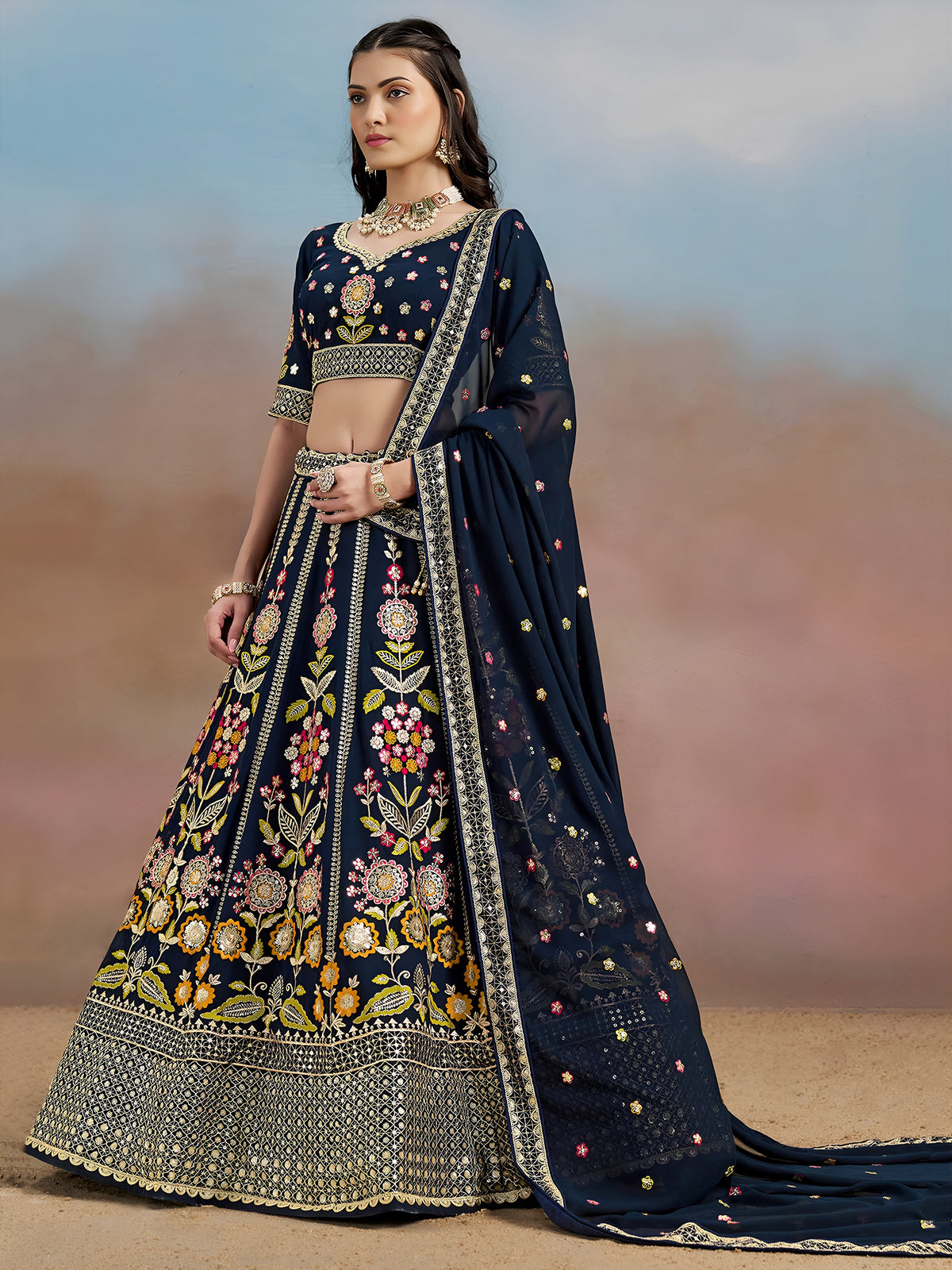 Captivating Navy Blue Dori Work Georgette Wedding Lehenga Choli