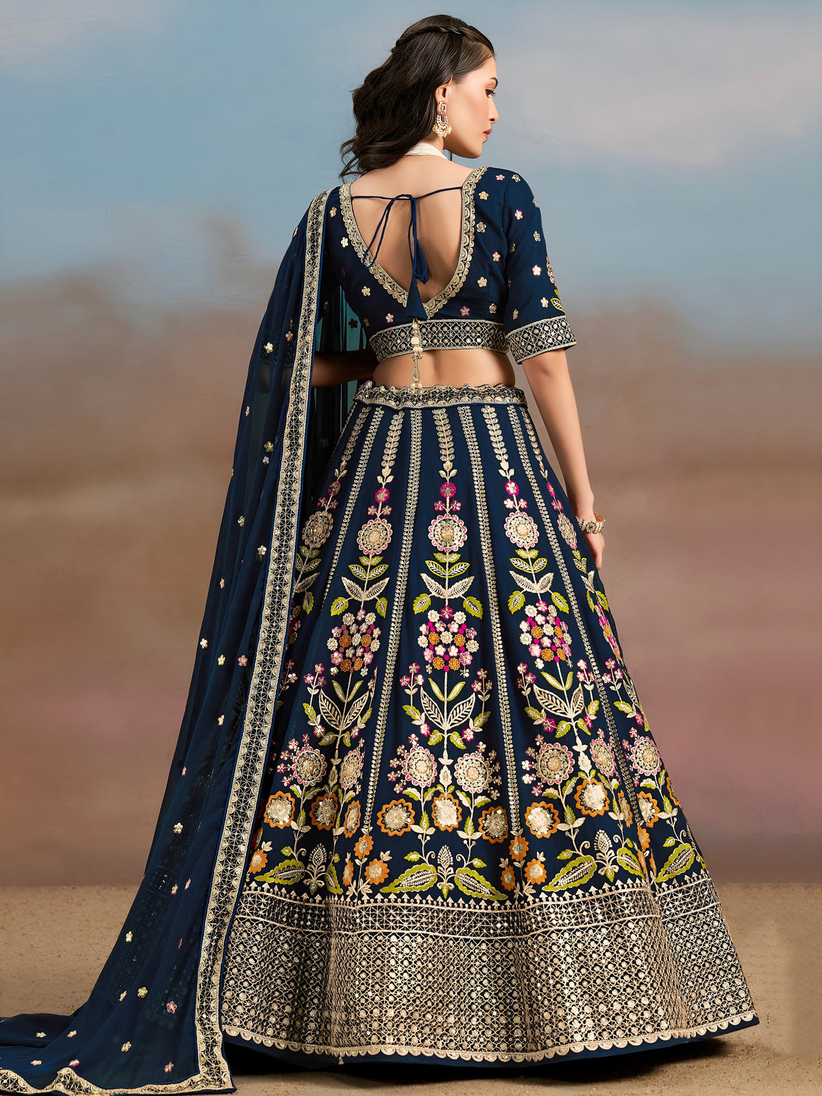 Captivating Navy Blue Dori Work Georgette Wedding Lehenga Choli