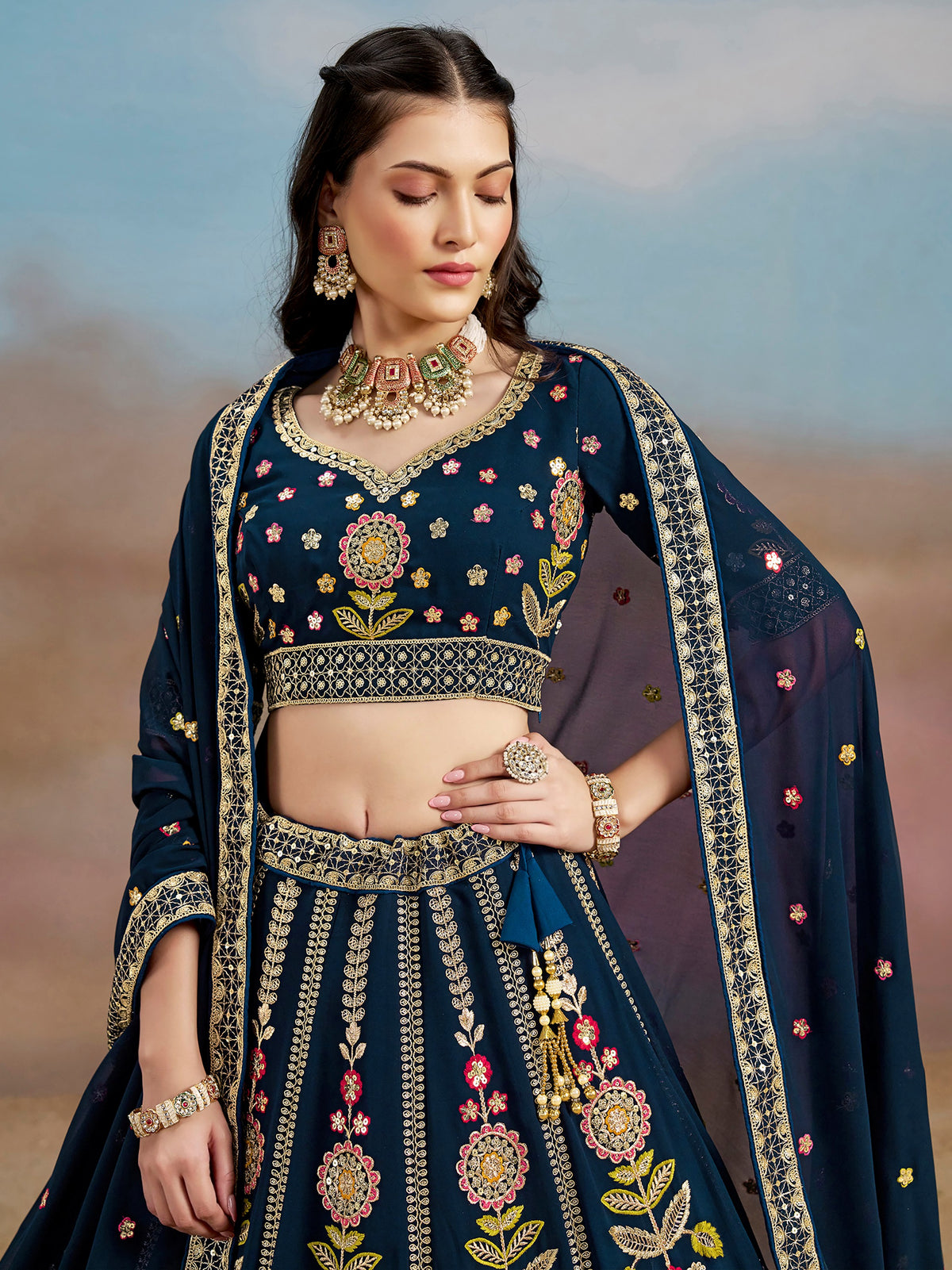 Captivating Navy Blue Dori Work Georgette Wedding Lehenga Choli