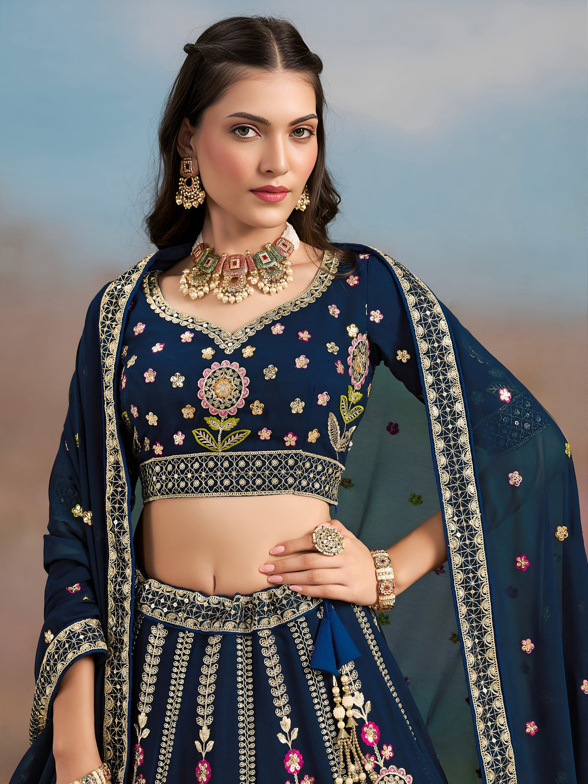 Captivating Navy Blue Dori Work Georgette Wedding Lehenga Choli