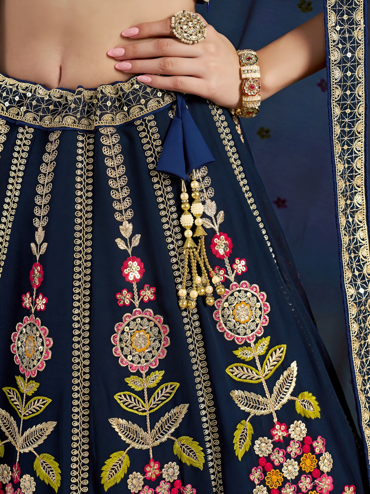 Captivating Navy Blue Dori Work Georgette Wedding Lehenga Choli