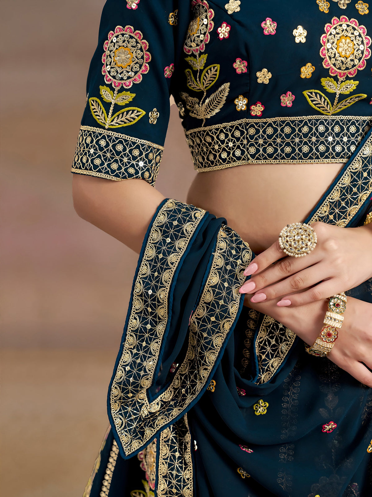 Captivating Navy Blue Dori Work Georgette Wedding Lehenga Choli