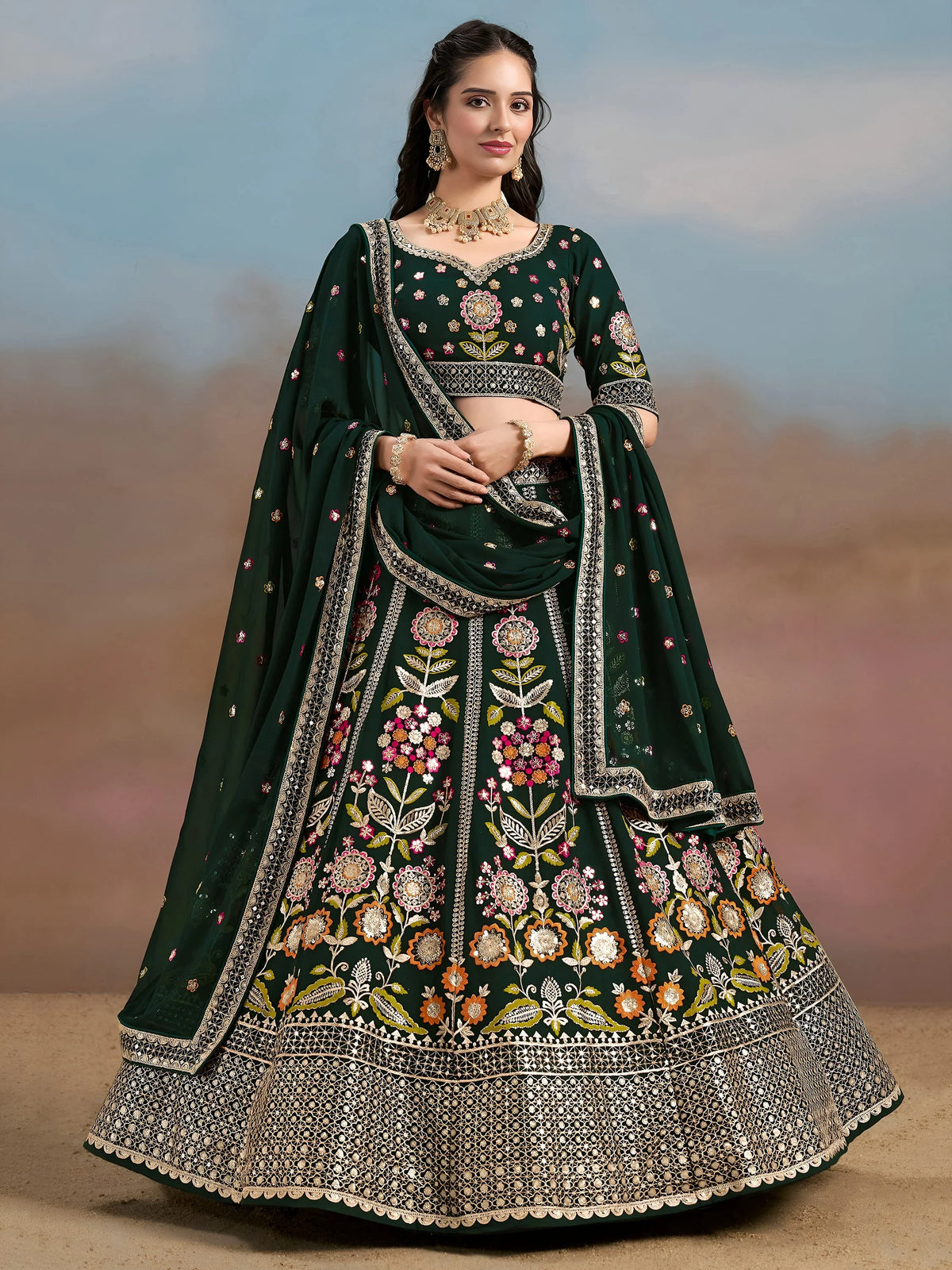 Fascinating Green Sequins Georgette Mehendi Wear Lehenga Choli