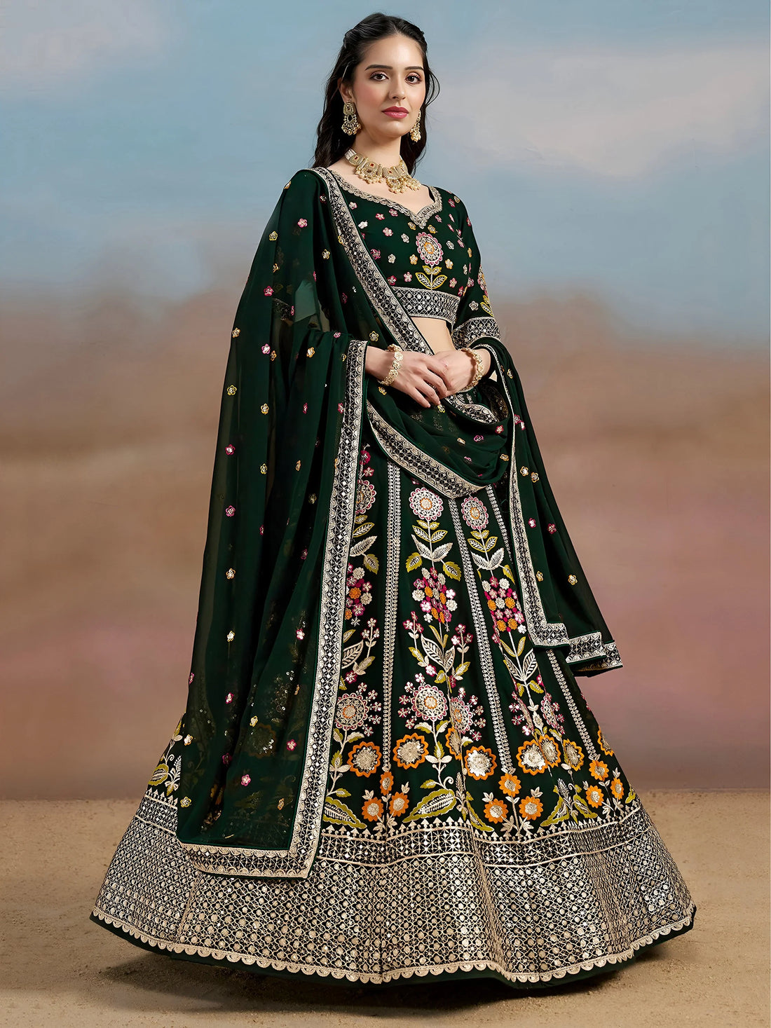 Fascinating Green Sequins Georgette Mehendi Wear Lehenga Choli