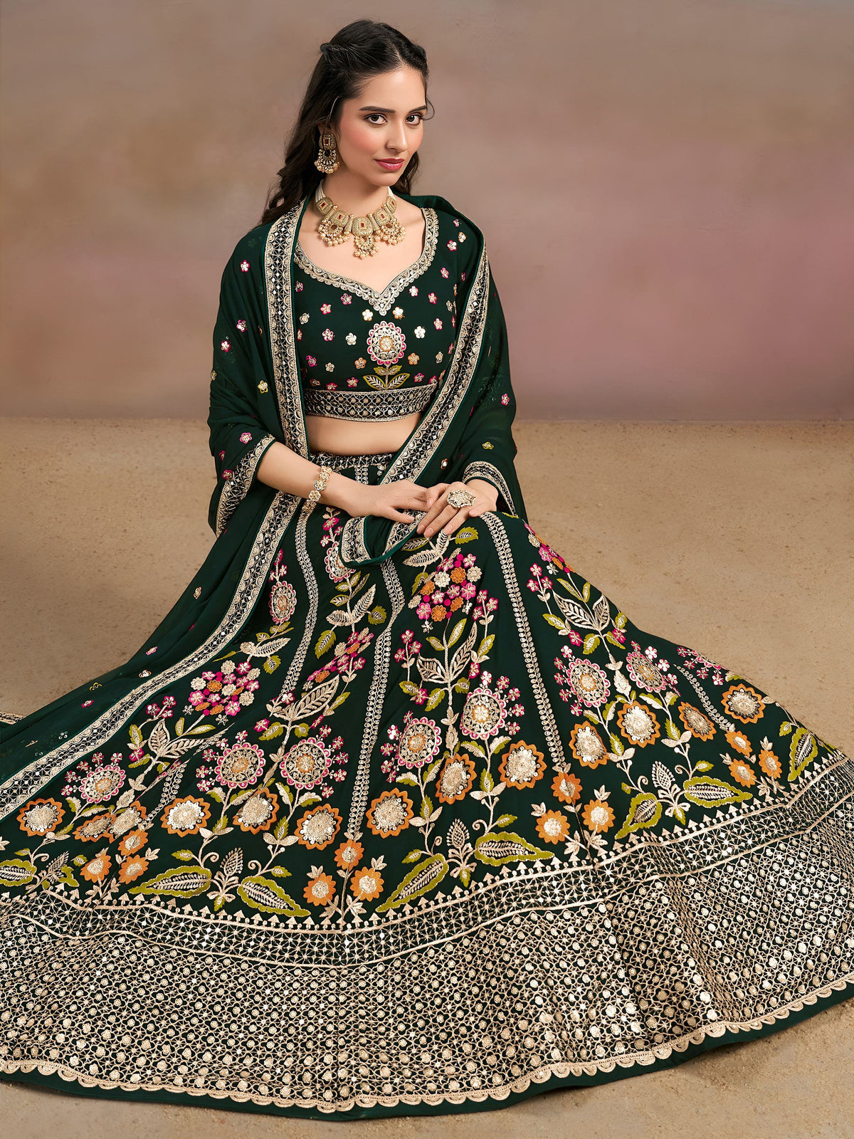 Fascinating Green Sequins Georgette Mehendi Wear Lehenga Choli