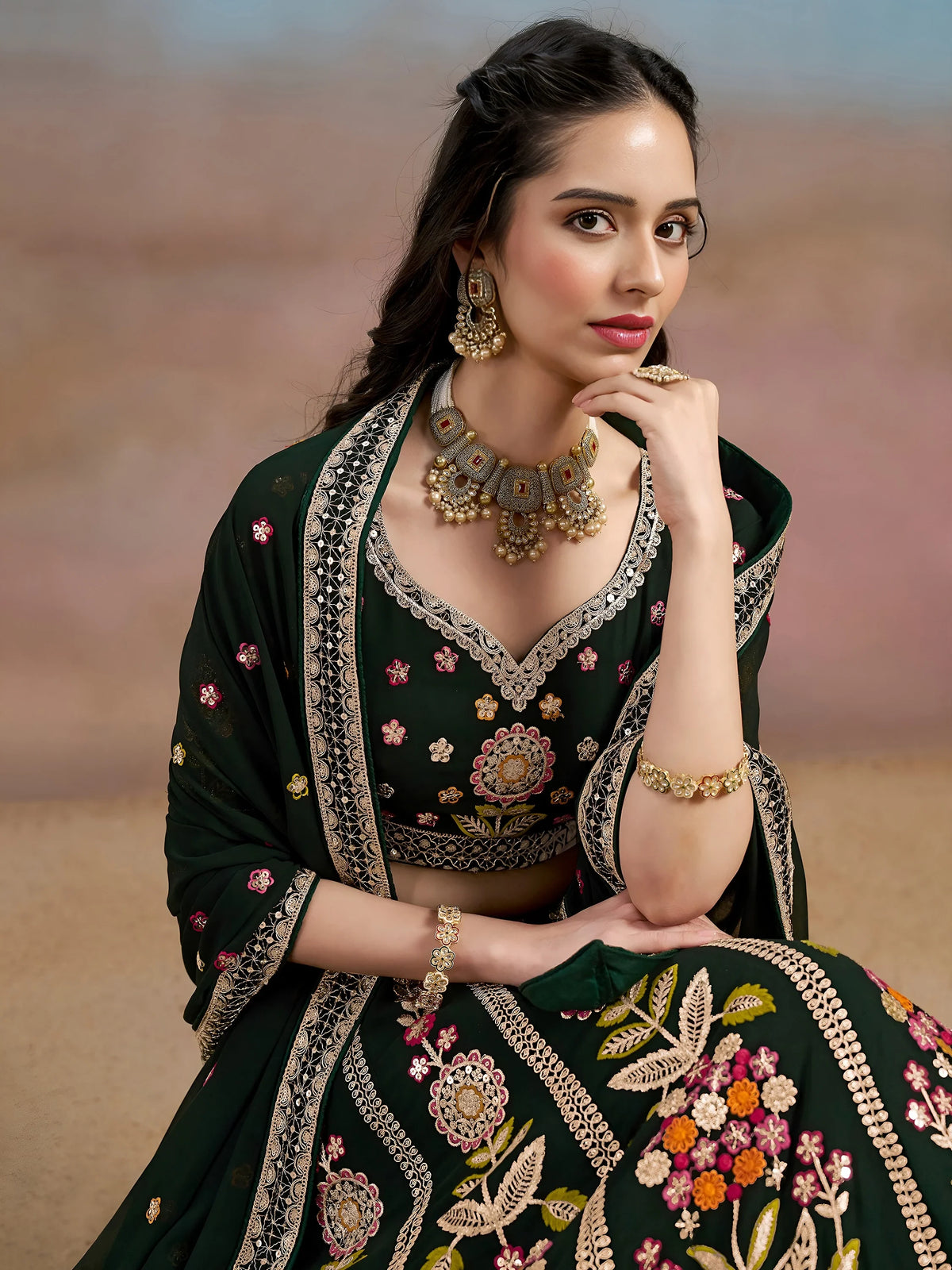 Fascinating Green Sequins Georgette Mehendi Wear Lehenga Choli