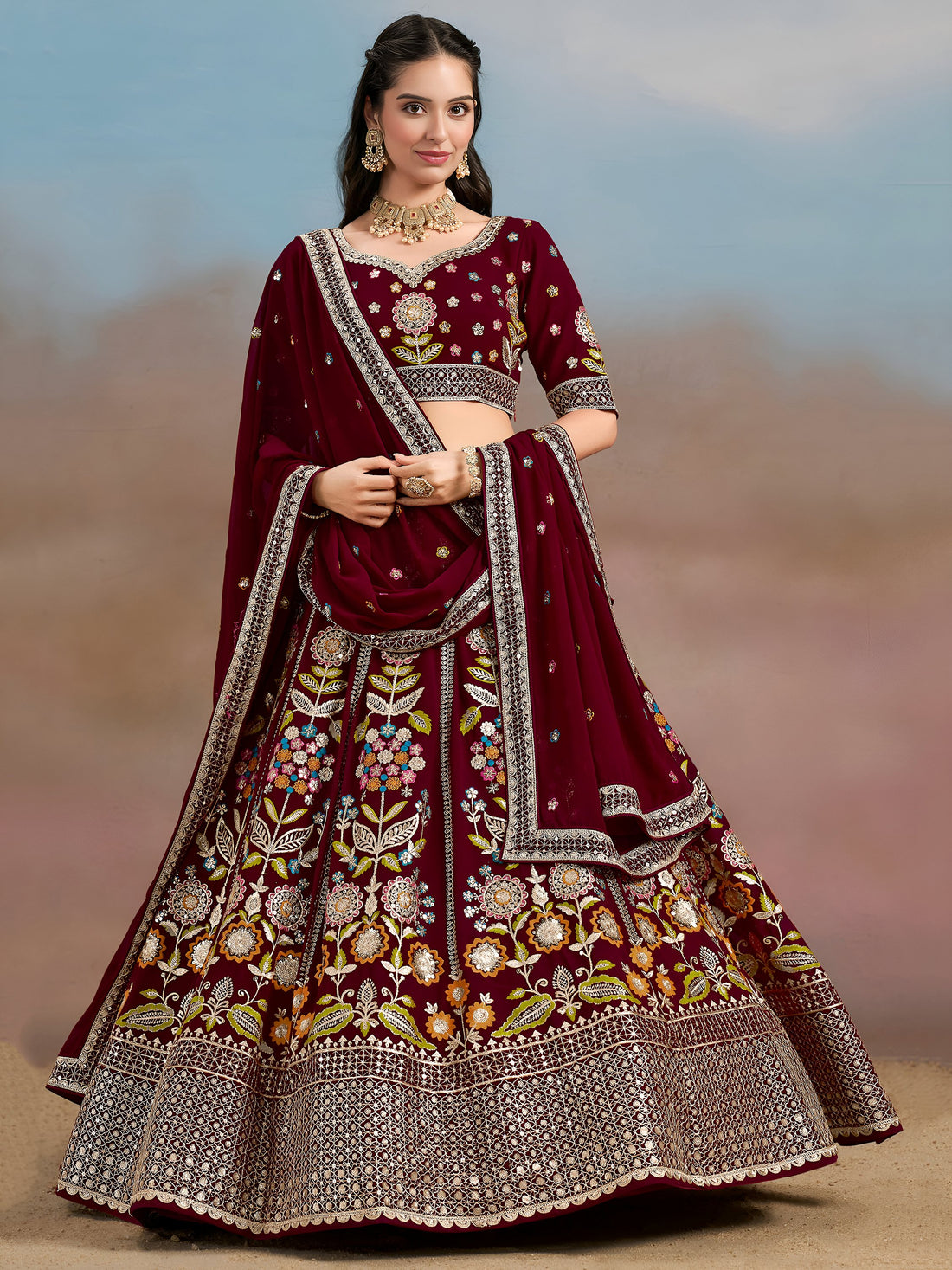 Mesmerizing Maroon Thread Work Georgette Wedding Lehenga Choli