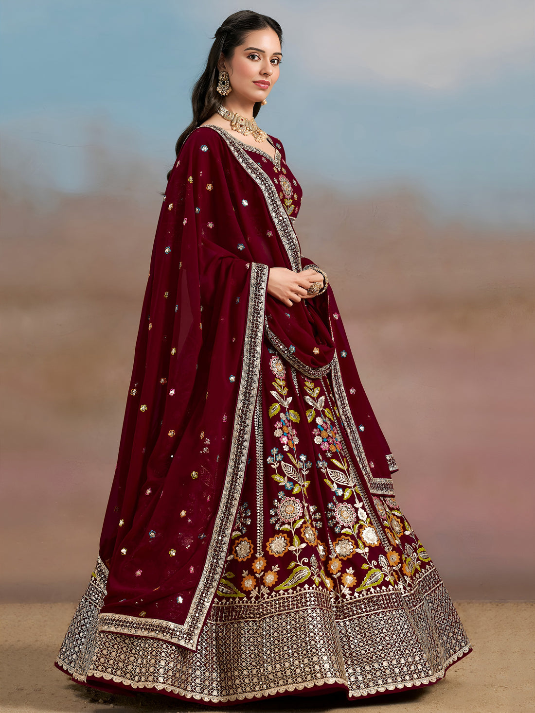 Mesmerizing Maroon Thread Work Georgette Wedding Lehenga Choli
