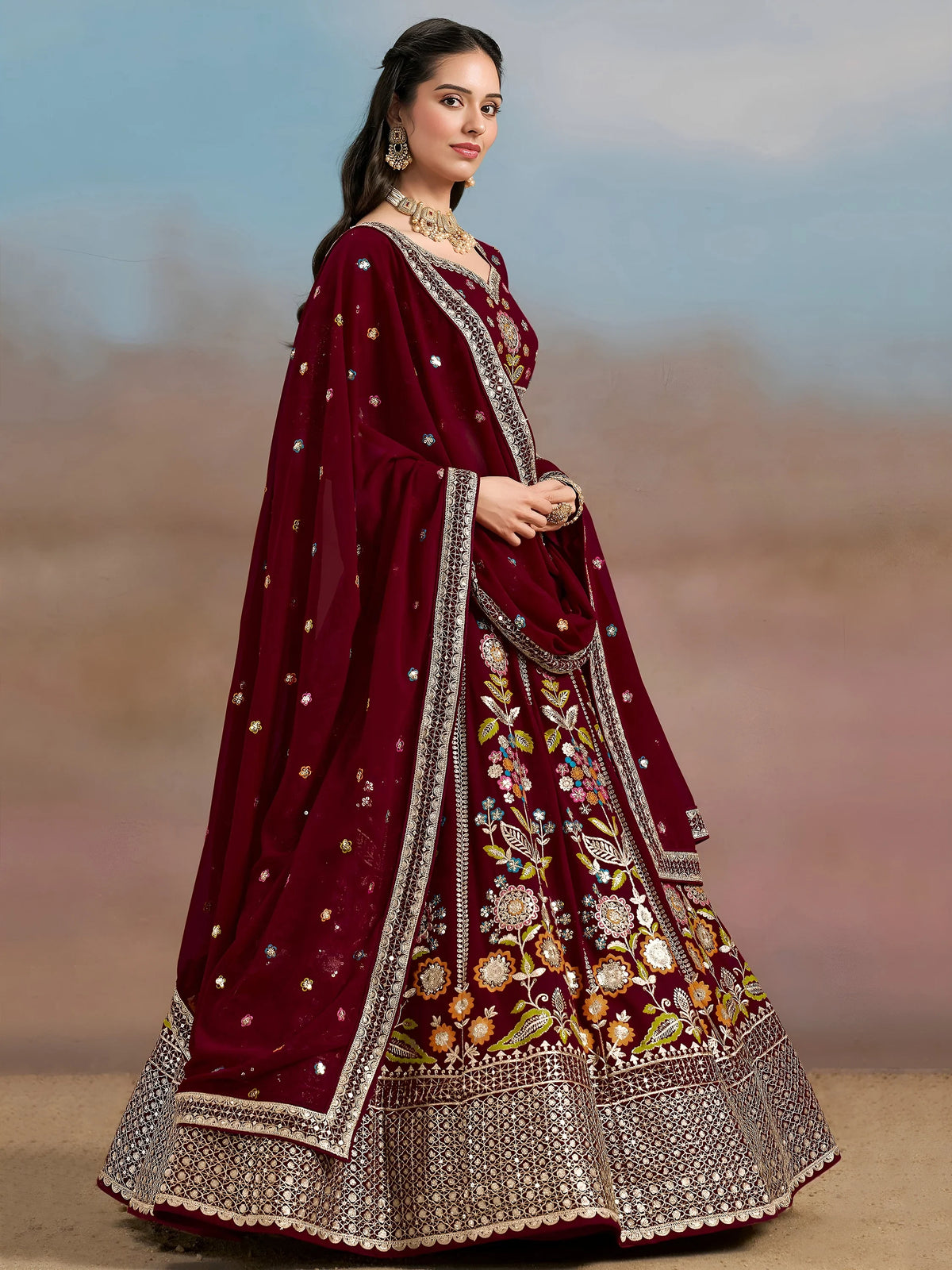 Mesmerizing Maroon Thread Work Georgette Wedding Lehenga Choli