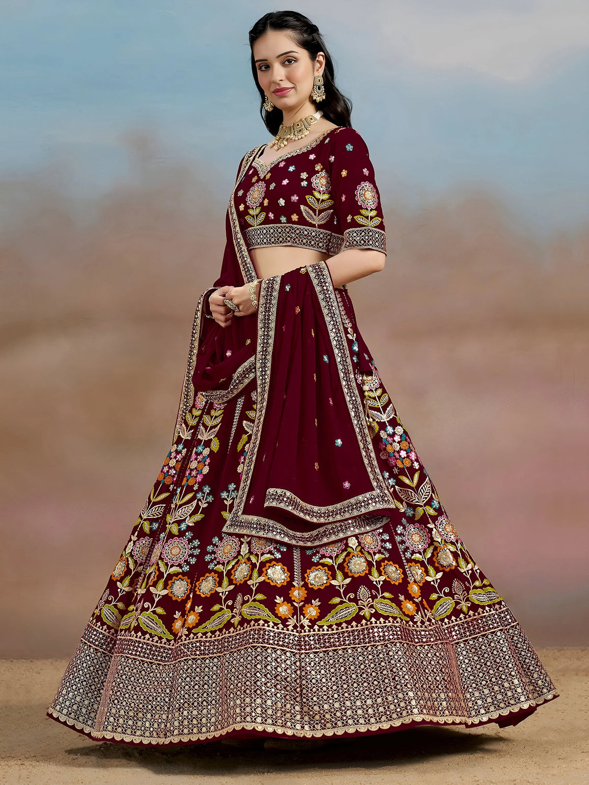 Mesmerizing Maroon Thread Work Georgette Wedding Lehenga Choli