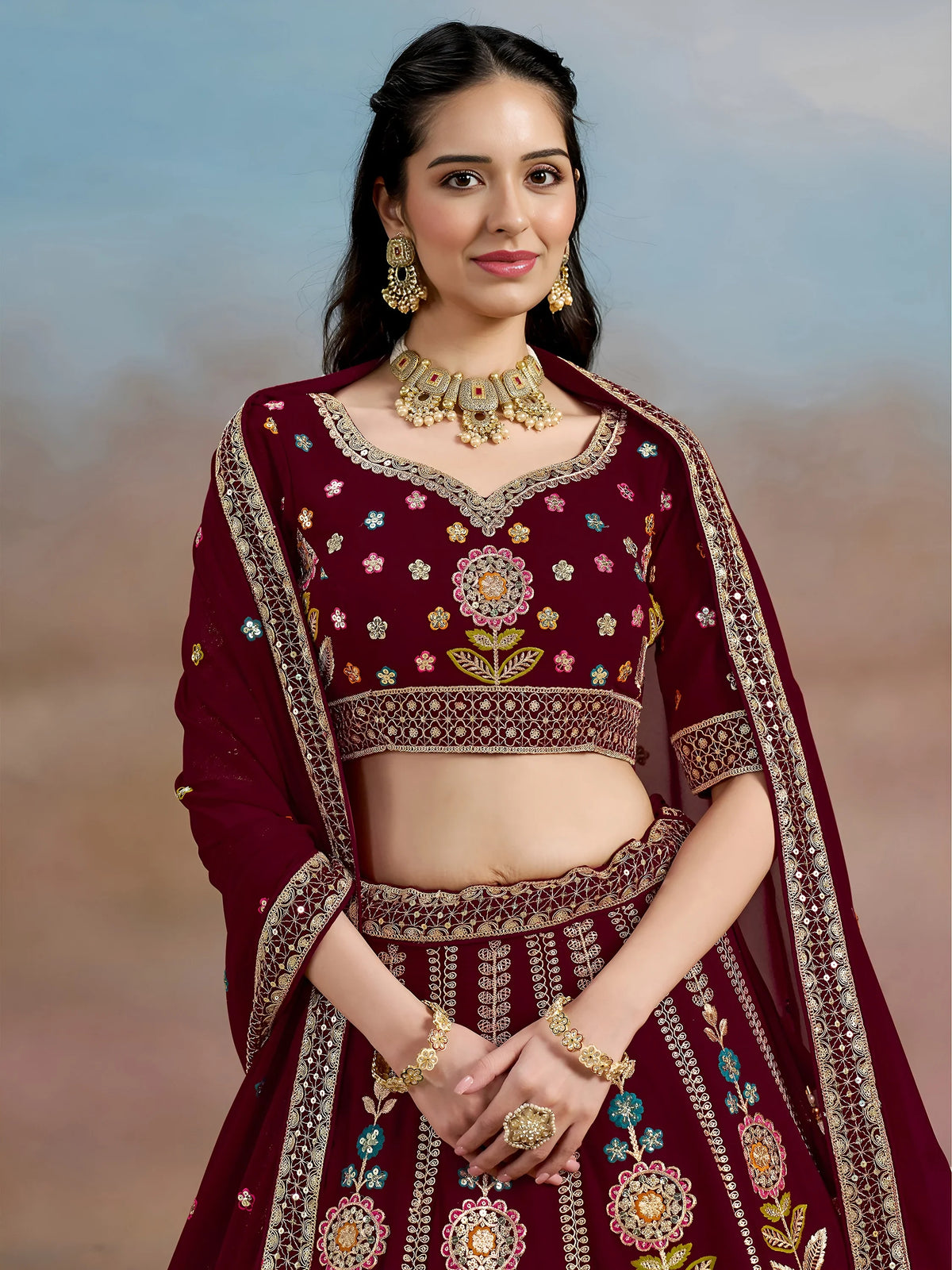Mesmerizing Maroon Thread Work Georgette Wedding Lehenga Choli