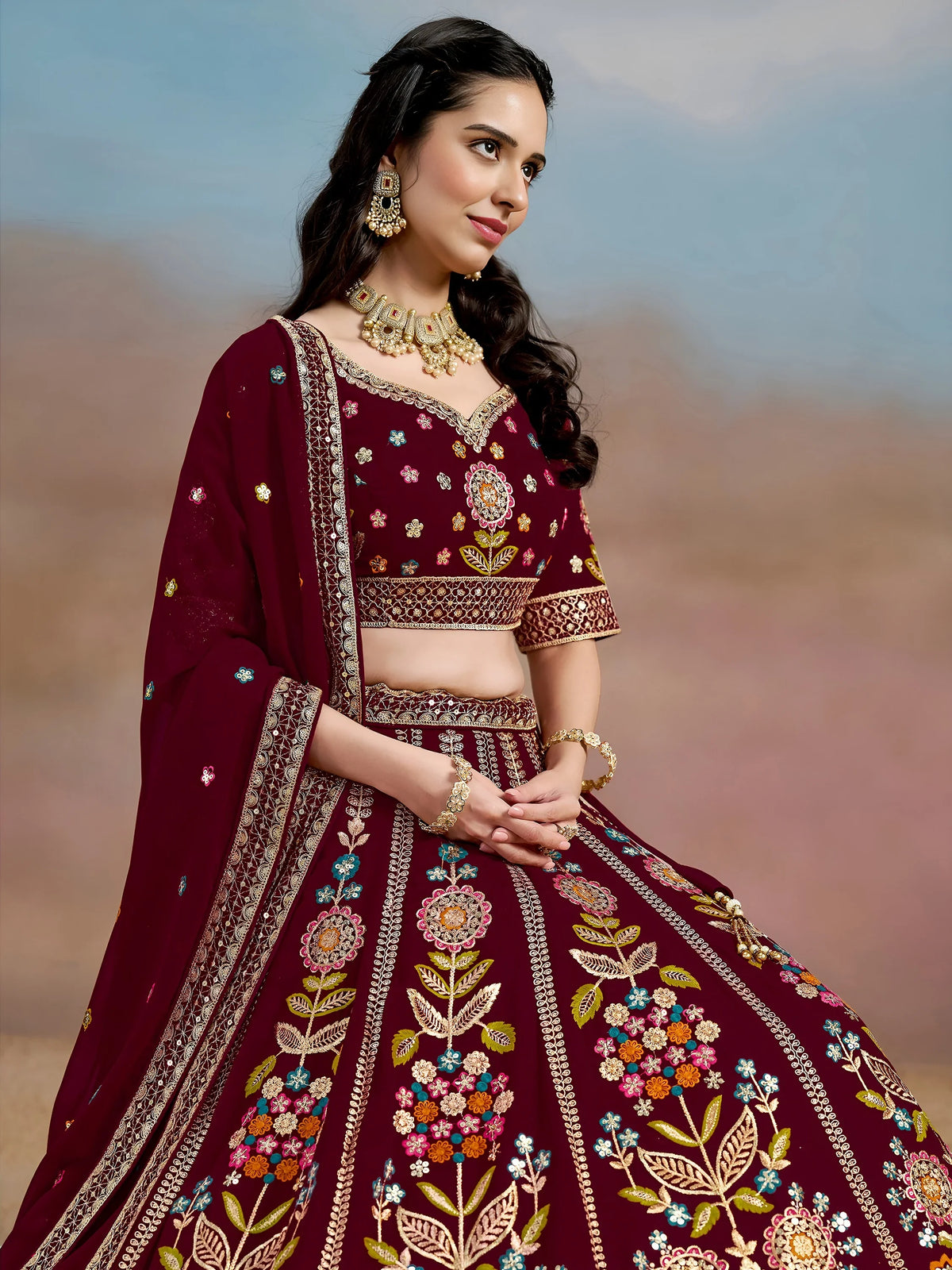 Mesmerizing Maroon Thread Work Georgette Wedding Lehenga Choli