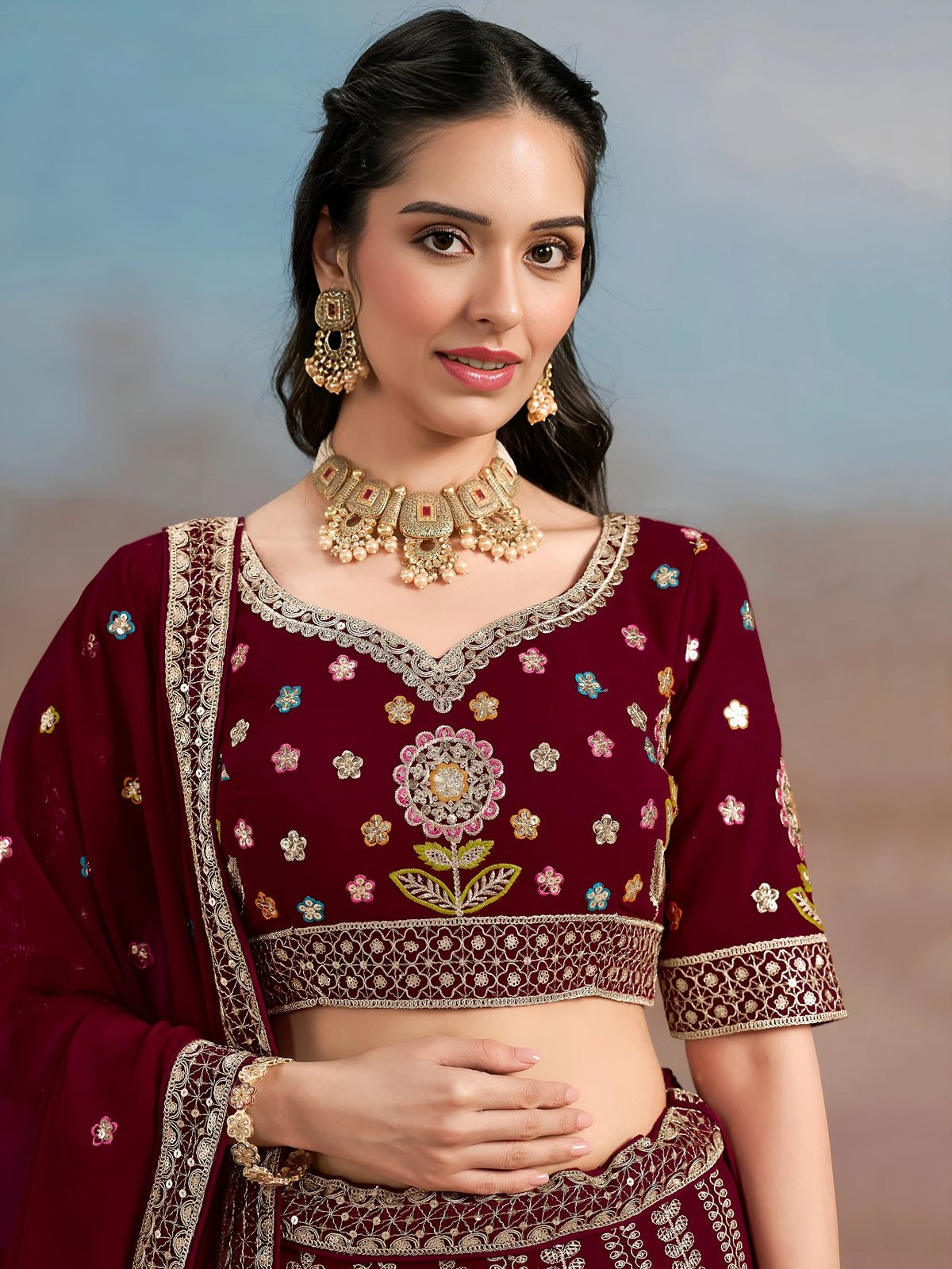 Mesmerizing Maroon Thread Work Georgette Wedding Lehenga Choli
