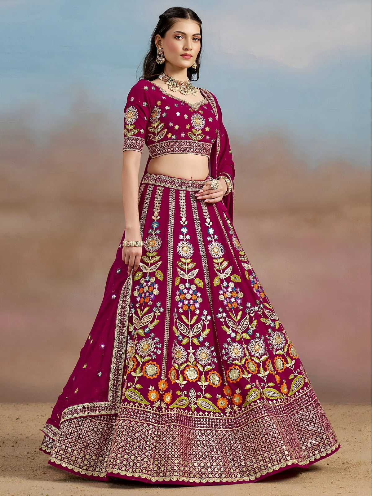 Adorable Pink Dori Work Georgette Lehenga Choli With Dupatta