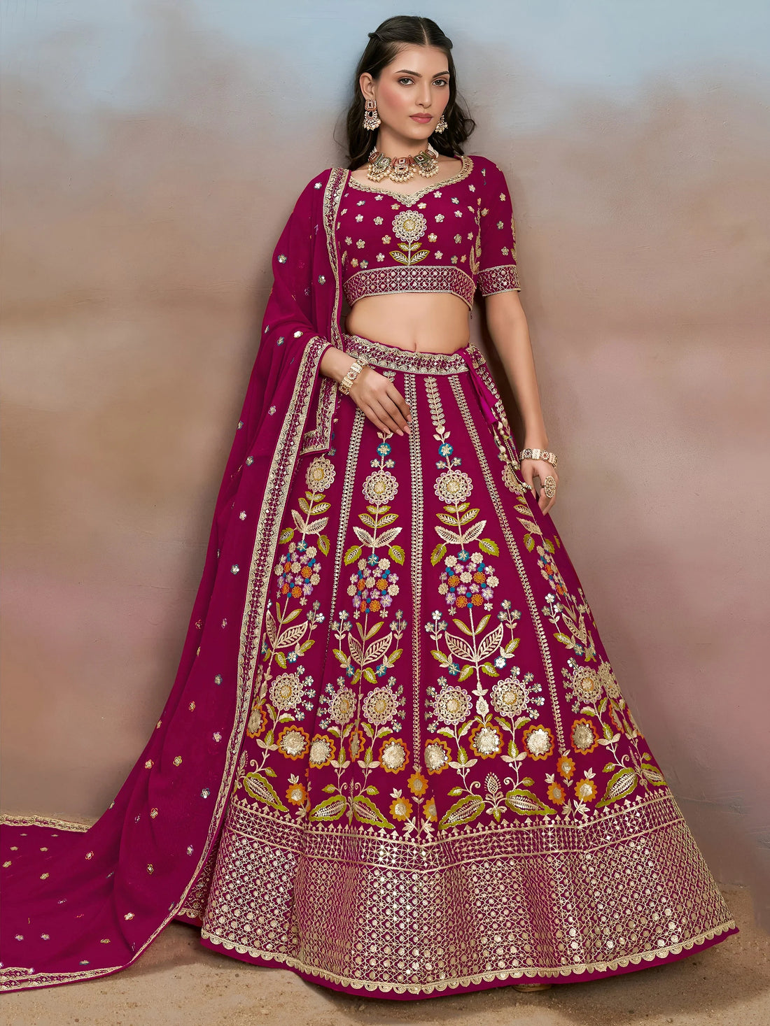 Adorable Pink Dori Work Georgette Lehenga Choli With Dupatta
