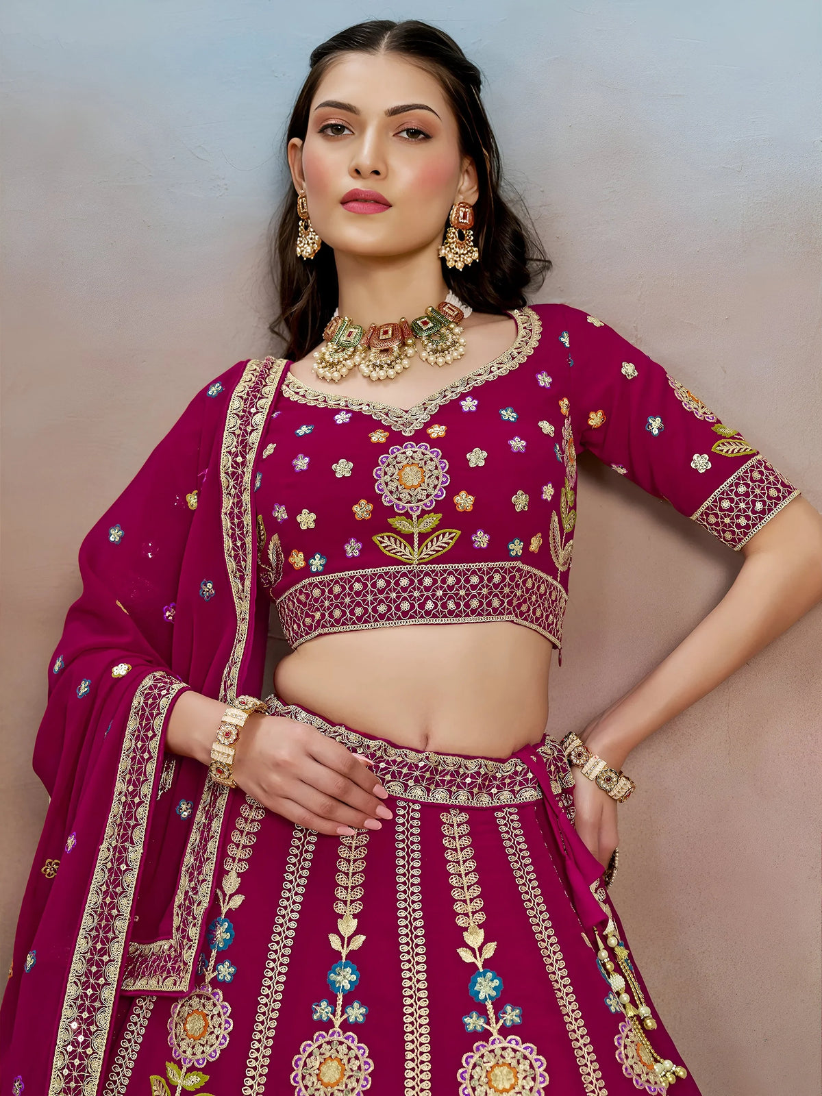Adorable Pink Dori Work Georgette Lehenga Choli With Dupatta