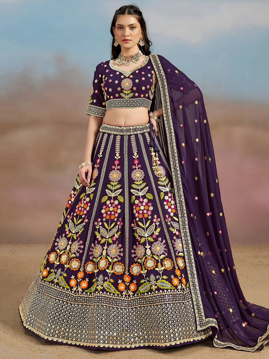 Precious Purple Thread Embroidered Georgette Bridesmaid Lehenga Choli