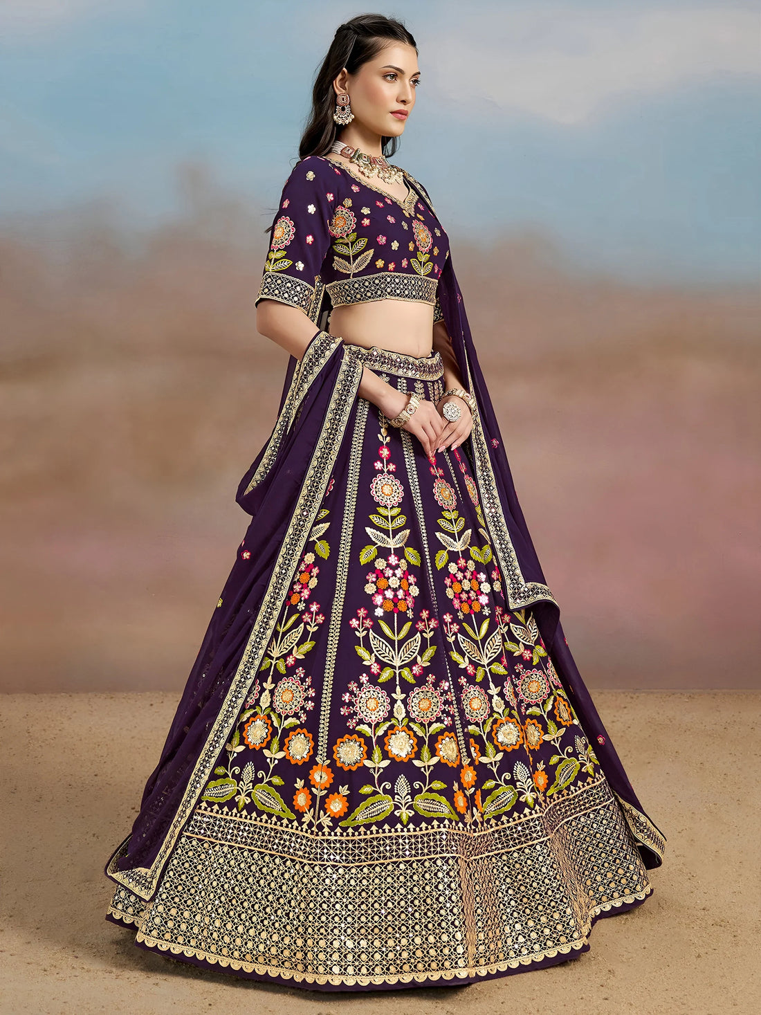 Precious Purple Thread Embroidered Georgette Bridesmaid Lehenga Choli