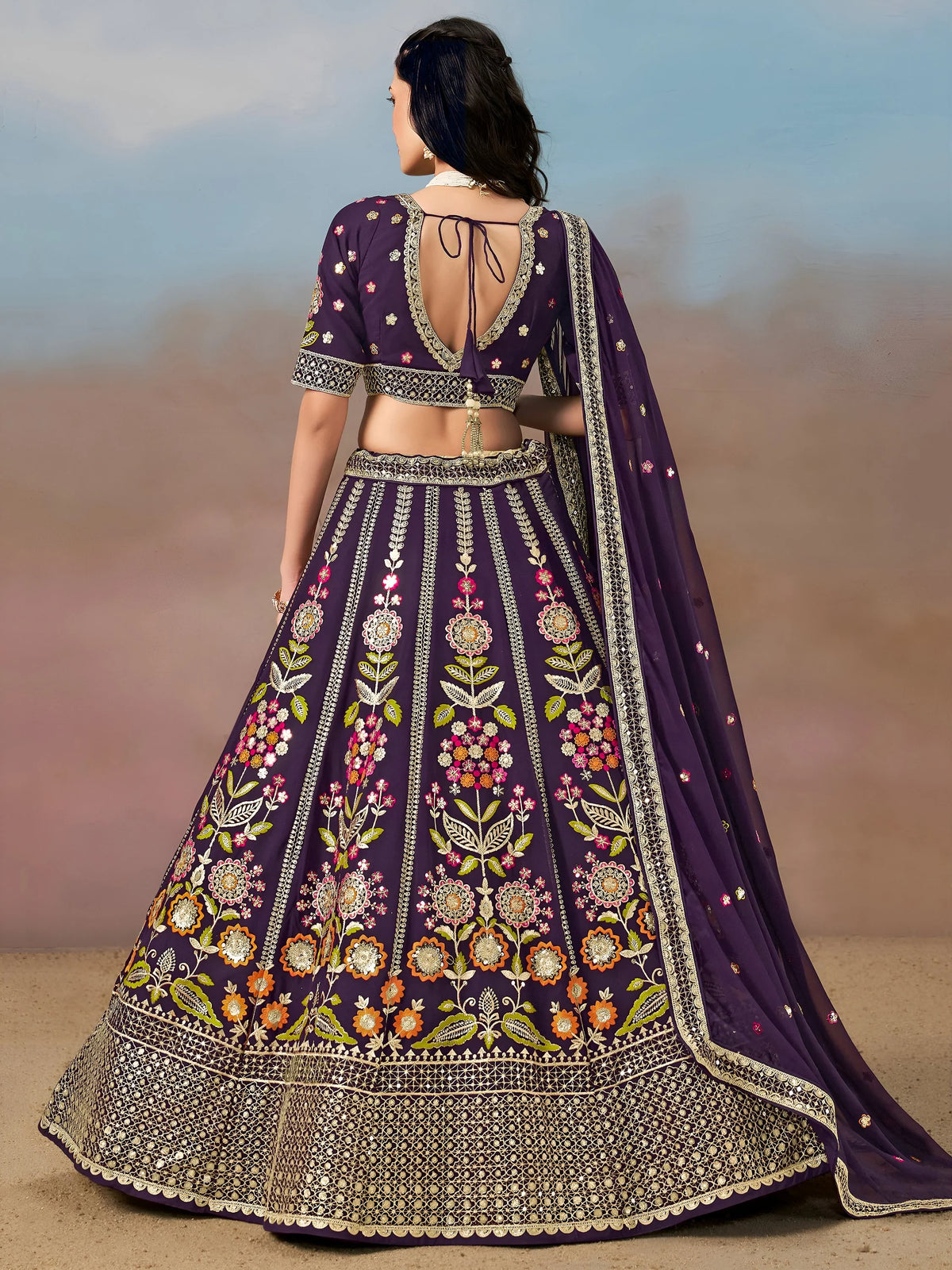 Precious Purple Thread Embroidered Georgette Bridesmaid Lehenga Choli
