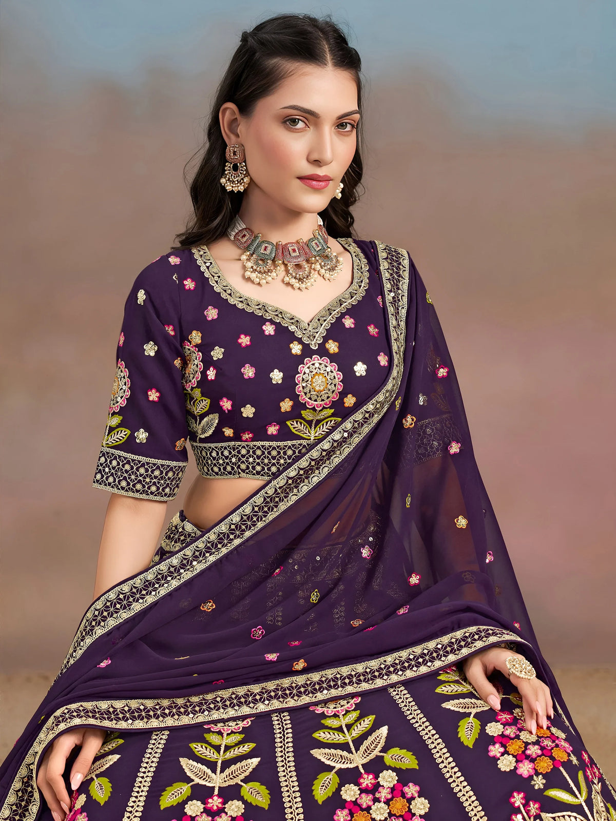 Precious Purple Thread Embroidered Georgette Bridesmaid Lehenga Choli