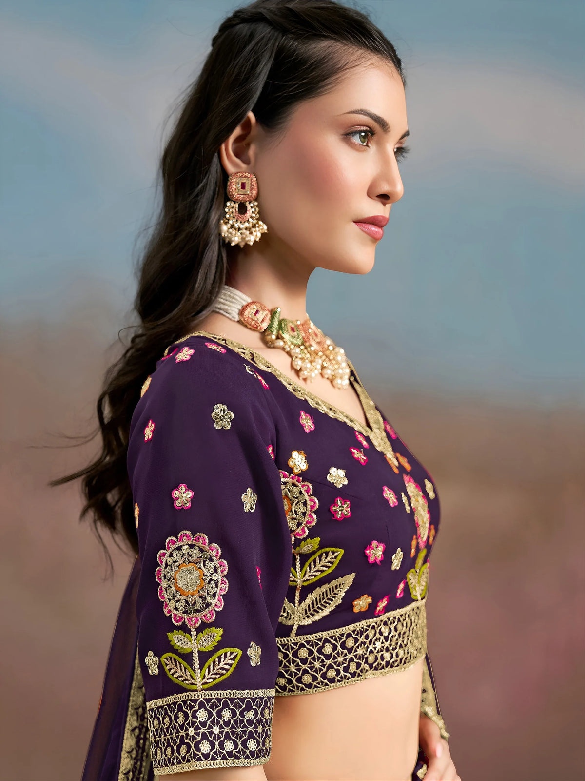 Precious Purple Thread Embroidered Georgette Bridesmaid Lehenga Choli