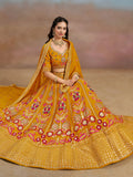 Pretty Yellow Thread Embroidered Georgette Haldi Wear Lehenga Choli