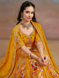 Pretty Yellow Thread Embroidered Georgette Haldi Wear Lehenga Choli