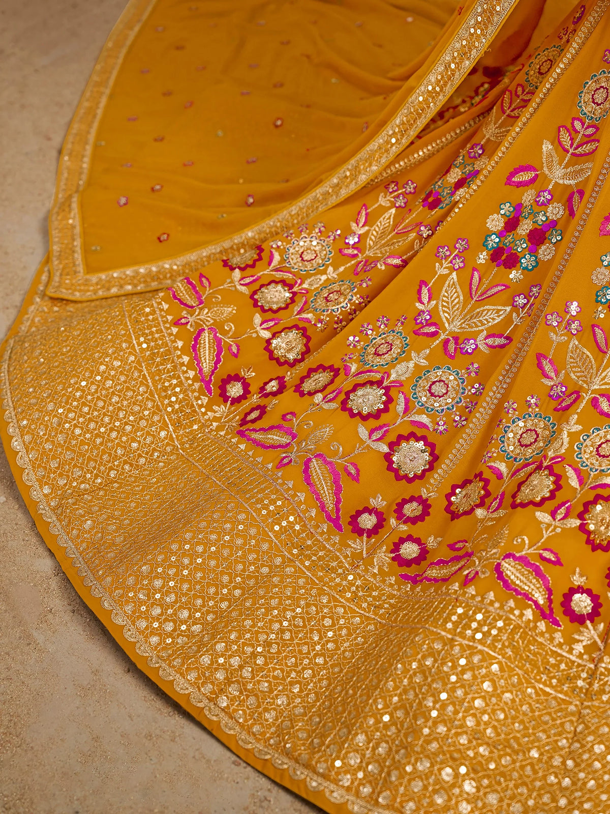 Pretty Yellow Thread Embroidered Georgette Haldi Wear Lehenga Choli
