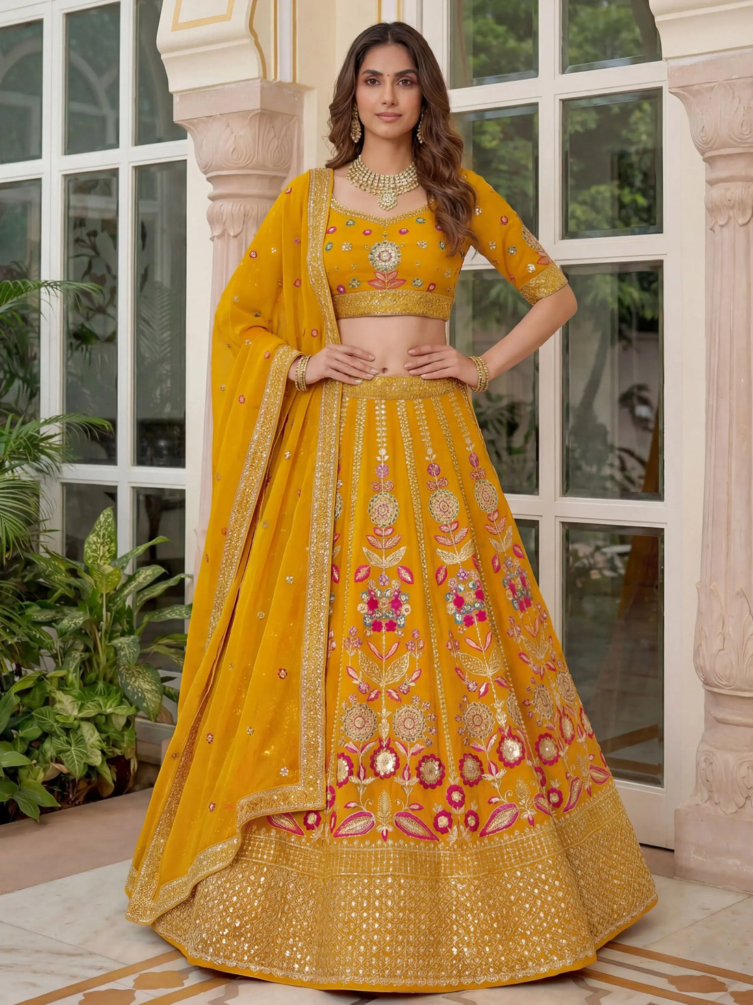 Charming Yellow Floral Embroidery Georgette Haldi Wear Lehenga With Blouse