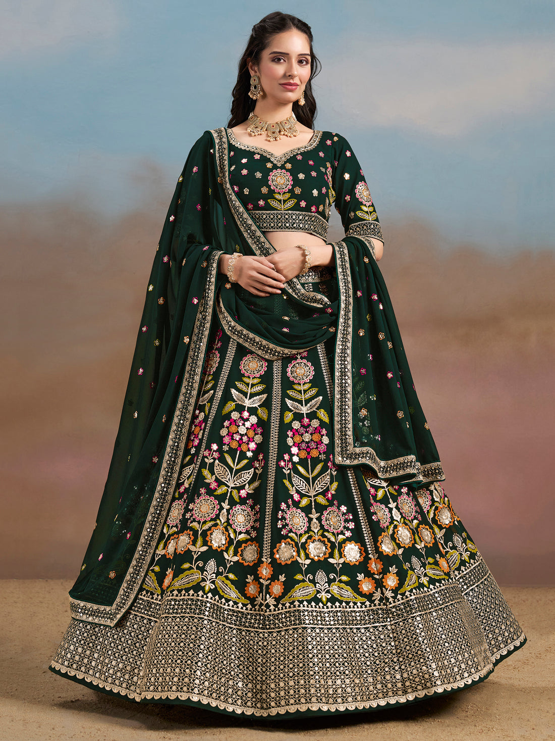Fascinating Green Sequins Georgette Mehendi Wear Lehenga Choli