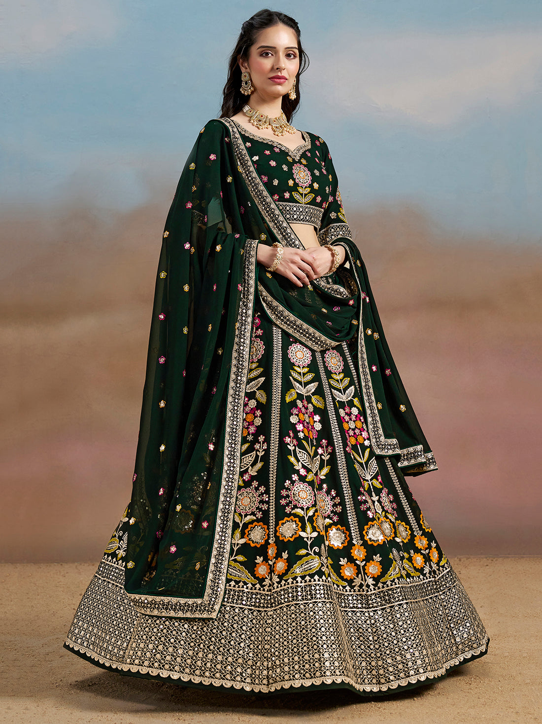 Fascinating Green Sequins Georgette Mehendi Wear Lehenga Choli