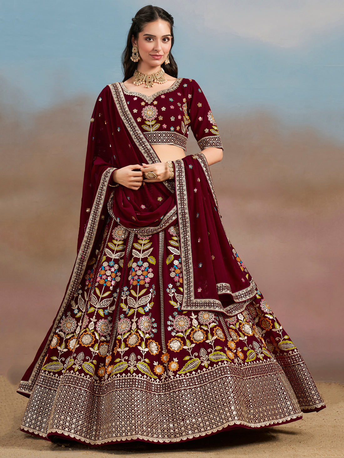 Mesmerizing Maroon Thread Work Georgette Wedding Lehenga Choli
