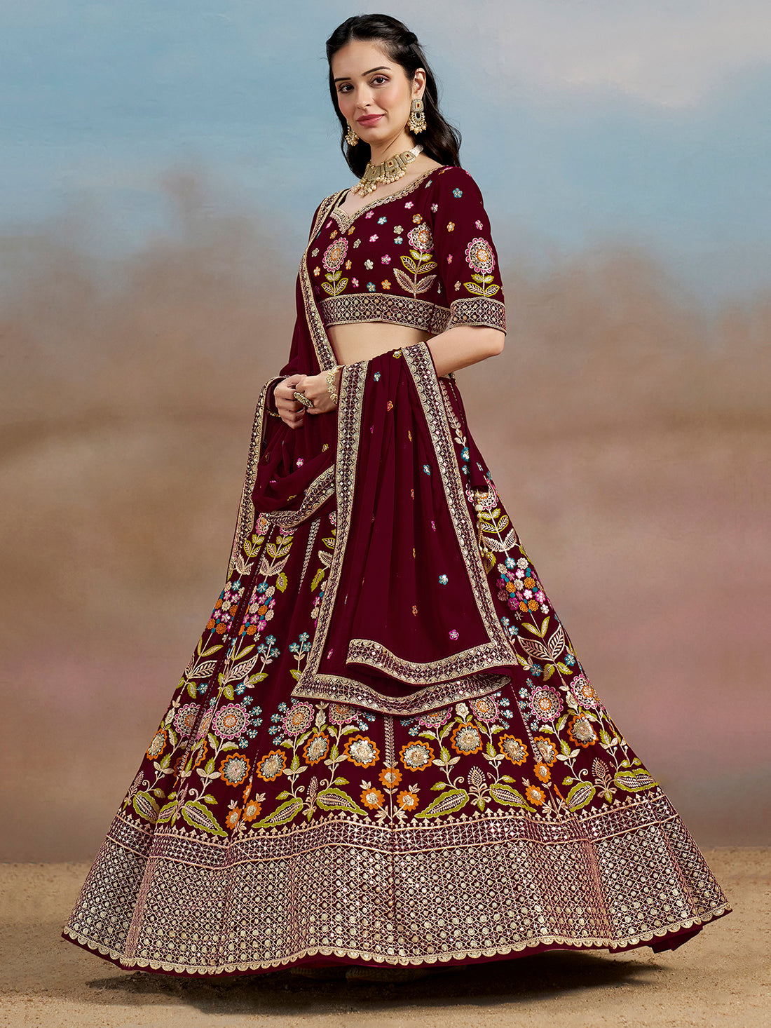 Mesmerizing Maroon Thread Work Georgette Wedding Lehenga Choli