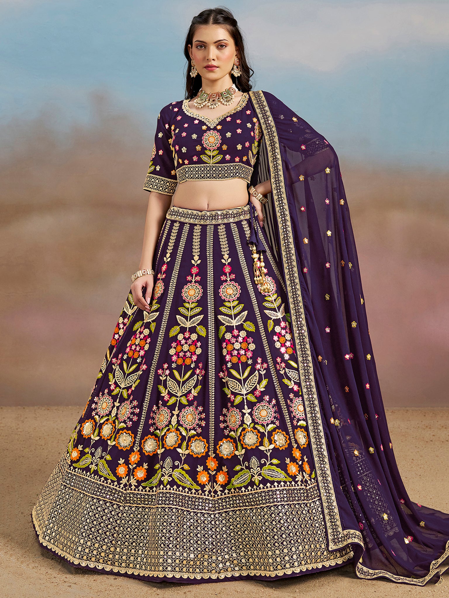 Precious Purple Thread Embroidered Georgette Bridesmaid Lehenga Choli