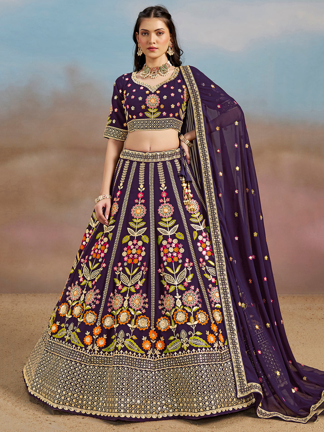 Precious Purple Thread Embroidered Georgette Bridesmaid Lehenga Choli