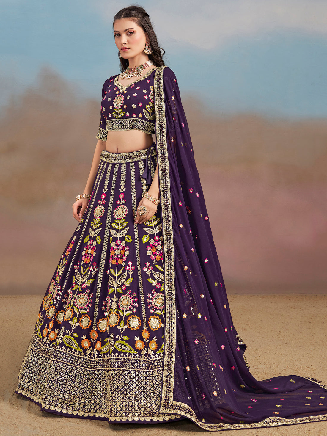 Precious Purple Thread Embroidered Georgette Bridesmaid Lehenga Choli