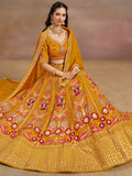 Pretty Yellow Thread Embroidered Georgette Haldi Wear Lehenga Choli