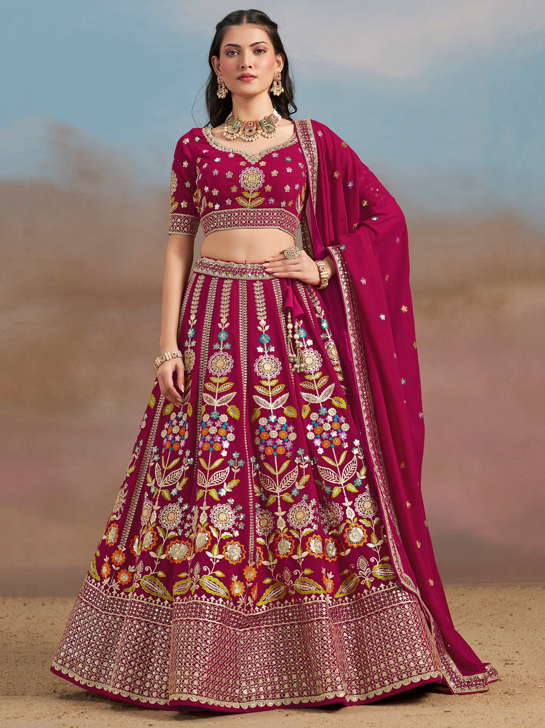 Adorable Pink Dori Work Georgette Lehenga Choli With Dupatta