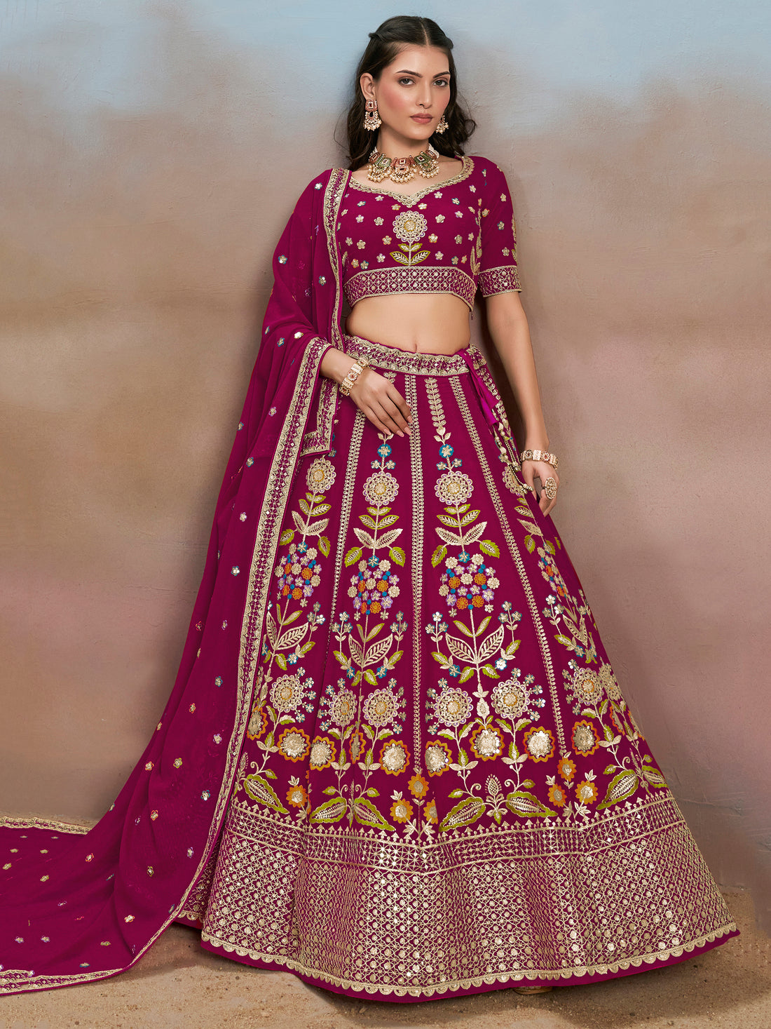 Adorable Pink Dori Work Georgette Lehenga Choli With Dupatta