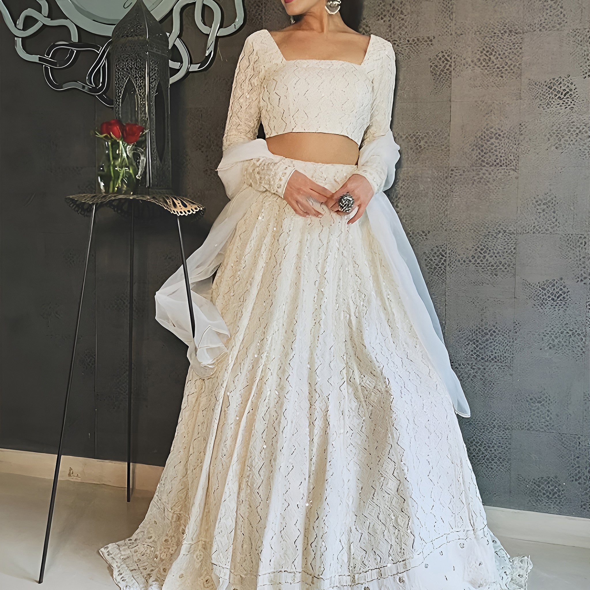 Fantastic White Thread Embroidery Georgette Evening Wear Lehenga Choli