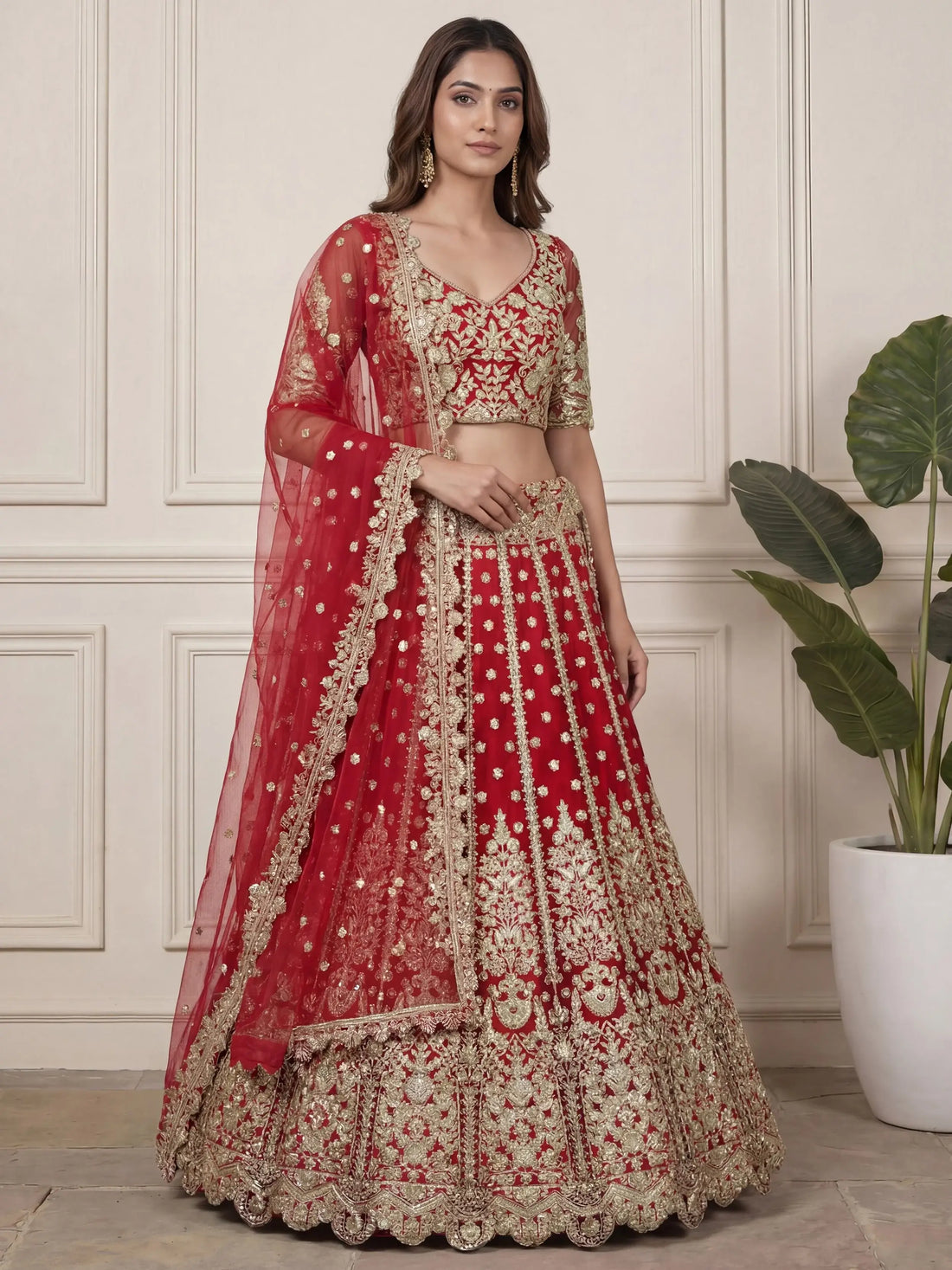 Wonderful Red Zari Embroidery Net Bridal Lehenga Choli With Dupatta