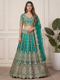 Beautiful Green Sequins Embroidery Net Mehendi Wear Lehenga With Blouse