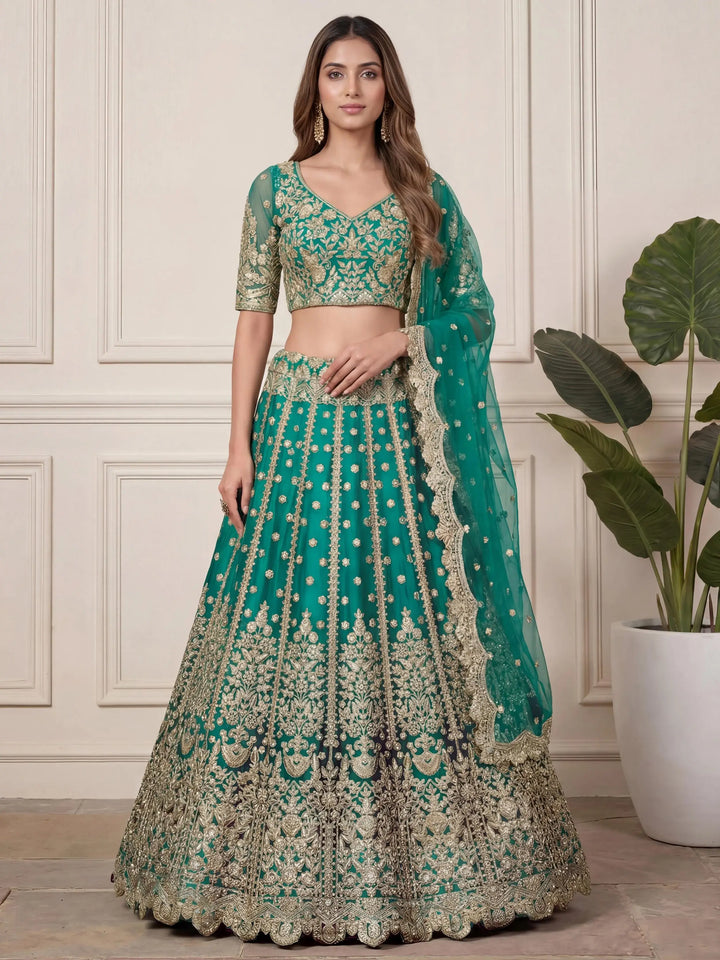 Beautiful Green Sequins Embroidery Net Mehendi Wear Lehenga With Blouse