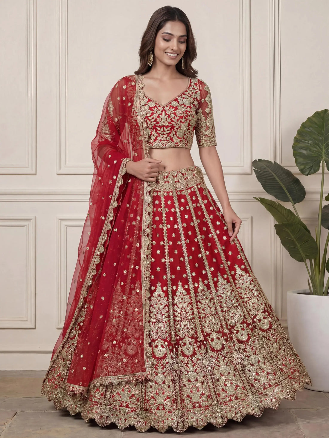 Wonderful Red Zari Embroidery Net Bridal Lehenga Choli With Dupatta
