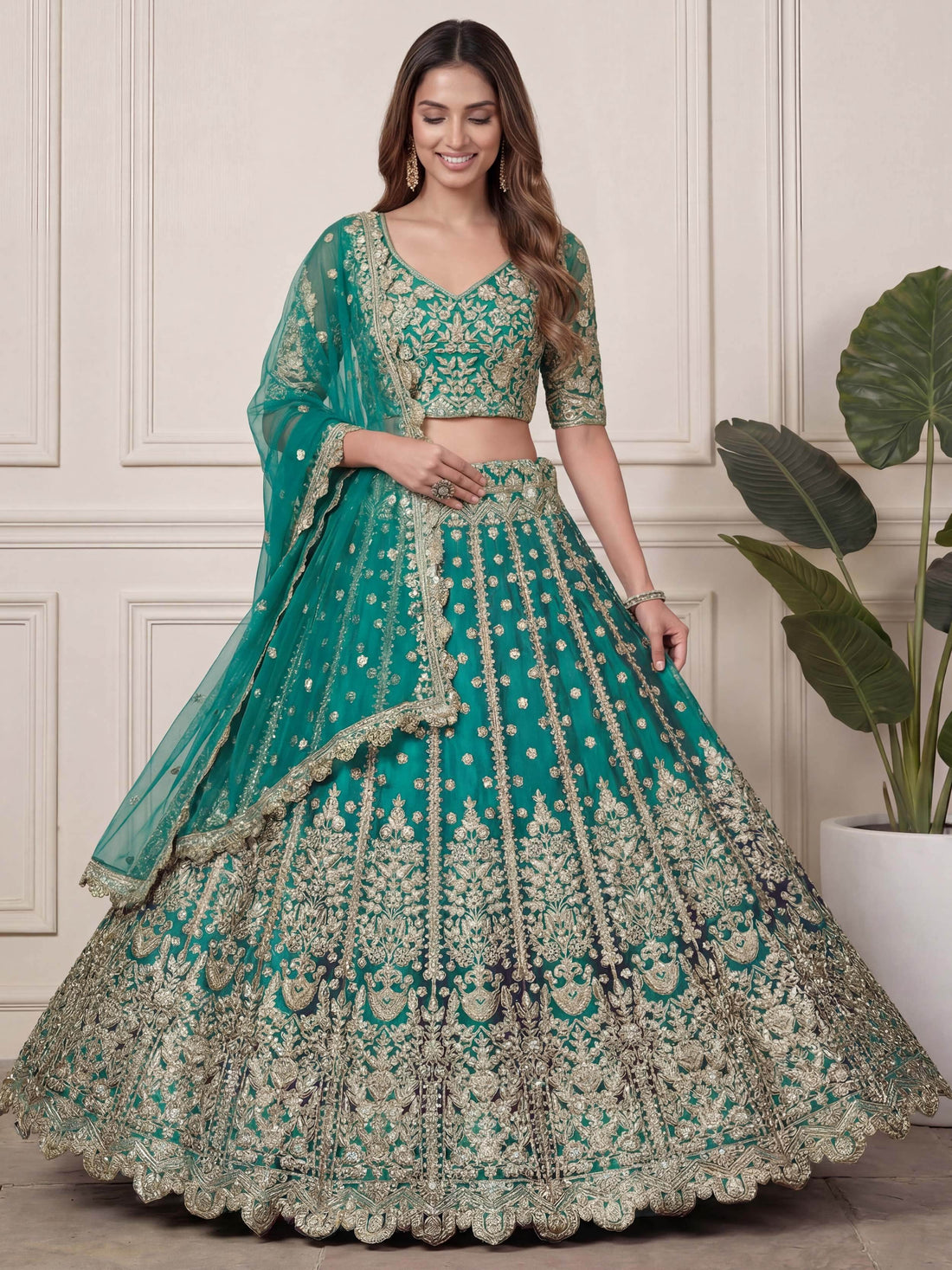 Beautiful Green Sequins Embroidery Net Mehendi Wear Lehenga With Blouse