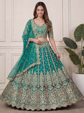Beautiful Green Sequins Embroidery Net Mehendi Wear Lehenga With Blouse