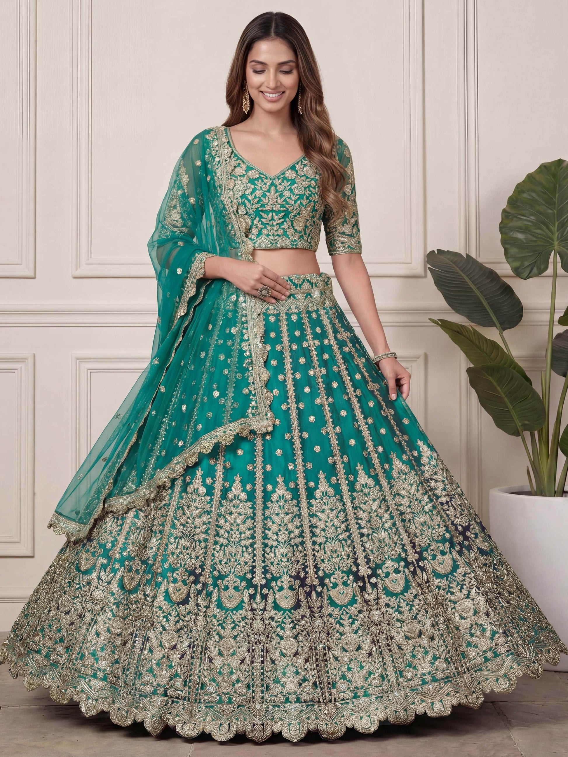 Beautiful Green Sequins Embroidery Net Mehendi Wear Lehenga With Blouse