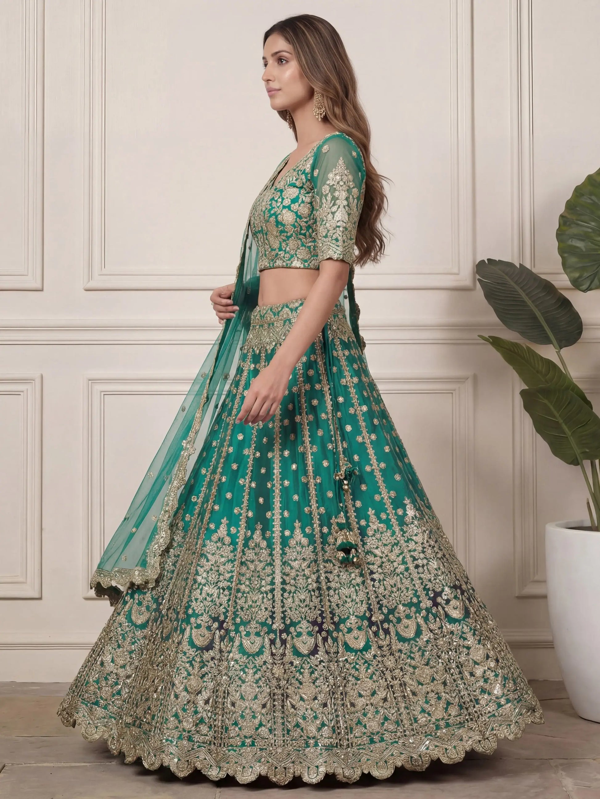 Beautiful Green Sequins Embroidery Net Mehendi Wear Lehenga With Blouse